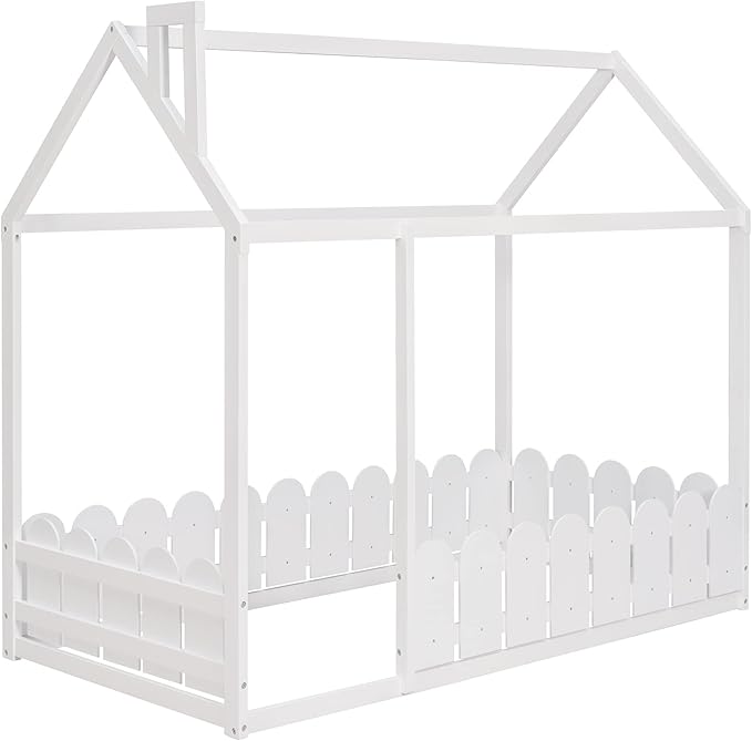 Merax Kids Wood House Bed with Fence, Fun Montessori Bed for Boys,Girls, Easy Assemble(Twin, White)