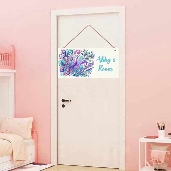 Personalized Sign Peacock Art Decor For Girls Bedroom Personalized Door Sign Wood Plaque Sign Wall Decor For Kids Room