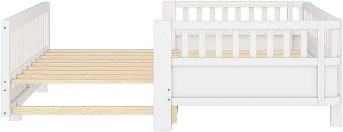 KEIKI Solid Wood Expandable Twin Size Floor Bed for Kids with Guardrails, Can Be Converted into a Double Twin Bed Platform, Montessori Low Profile Bedframe Daybed for Girls Boys, No Box Spring Needed