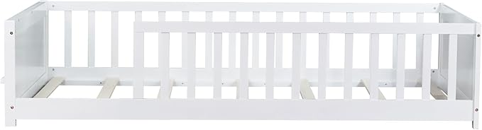 Twin Size Kids Montessori Floor Bed,Twin Floor Bed Frame with Slats and Bookcase,Solid Wood Montessori Bed for Girls Boys,White