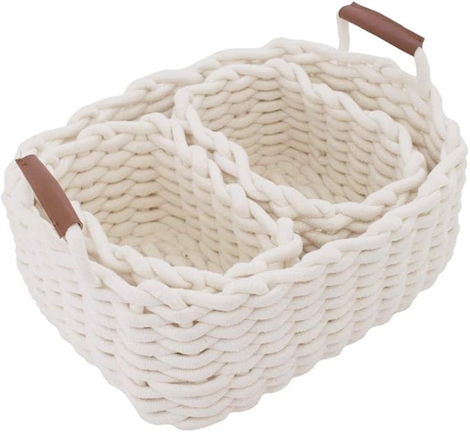 JJSQYLAN Cotton Rope Blanket Storage Basket for shelf,small decorative woven basket Organization and storage for Candy Food Nursery Baby Clothes Towels Diaper Caddy Books (Set of 3, White)