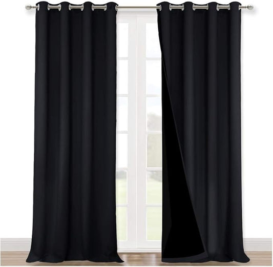 NICETOWN Extra Long Truly Blackout Drapes for Hall and Villa, 100% Blackout Window Curtain Panels with Black Lined for Night Shift Worker, 52-inch Width Each Panel, 108-inch Length, Black, 2 Pieces