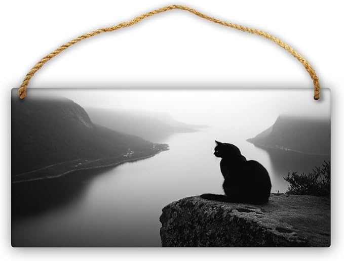 Monochrome Cat Landscape Wooden Sign 12x6 Inch, Farmhouse Wood Wall Decor Wood Plaque for Bedroom, Nursery & Kitchen, Ideal Home Decor for Pet Enthusiasts & Art Lovers