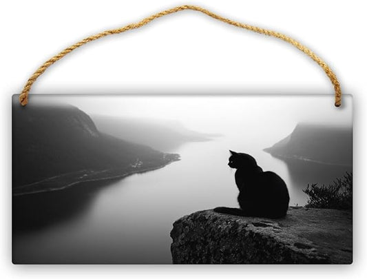 Monochrome Cat Landscape Wooden Sign 12x6 Inch, Farmhouse Wood Wall Decor Wood Plaque for Bedroom, Nursery & Kitchen, Ideal Home Decor for Pet Enthusiasts & Art Lovers