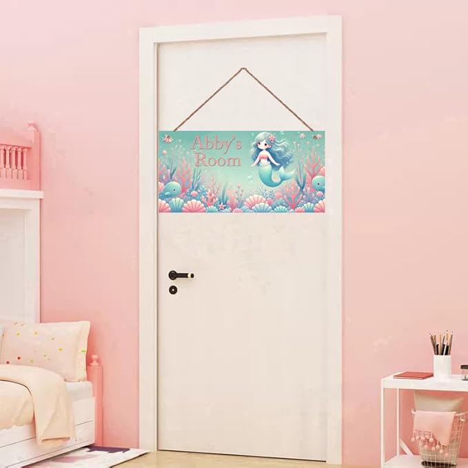 Personalized Vintage Mermaid Art Décor For Kids Room Custom Name Door Wall Decor, Ocean Floral Nursery Art Plate For Girls Bedroom Home Club Cabin Garage Bar