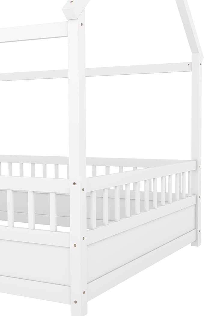Bellemave Full House Bed for Kids, Wooden Kids bedframe with Rails and Storage, Montessori Floor beds with high guardrail Without slats, White