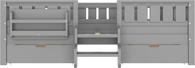Bellemave Full Size Bed with Slats and Stairs, Full Size Platform Bed Frame with Fence, Bookshelf and Storage Drawers, Easy Assemble Beds for Kids, Girls, Boys, Gray
