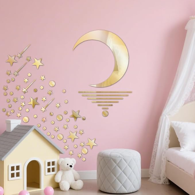 71 Pcs Gold Star Stickers, 3D Acrylic Moon Shooting Star Mirror Wall Stickers Decor, Removable Decals Art Self-Adhesive for Home Nursery Classroom Bedroom Interior Wallpaper Background Art Decor