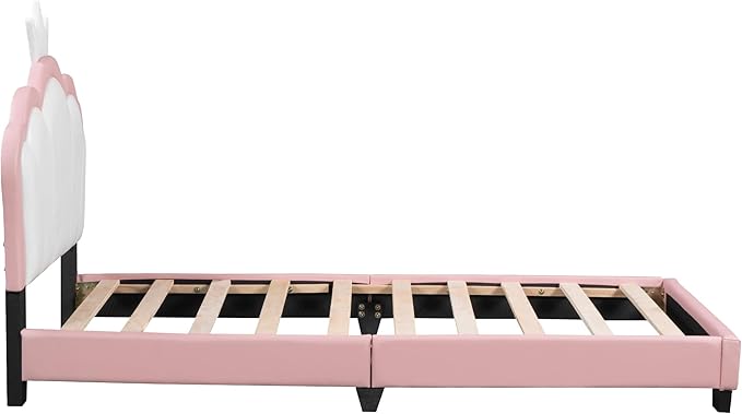 Twin Size Princess Bed Frame with Crown Shaped Headboard for Kids,Upholstered Platform Bed with Slats Support,Twin Girls Bed,Twin Bed for Girls Teens,Pink