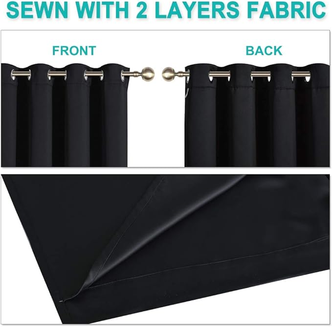 NICETOWN 100% Blackout Window Curtain Panels, Full Light Blocking Drapes with Black Liner for Nursery, 72 inches Drop Thermal Bedroom Drapes and Curtains (Black, 2 Pieces, 42 inches Wide Per Panel)