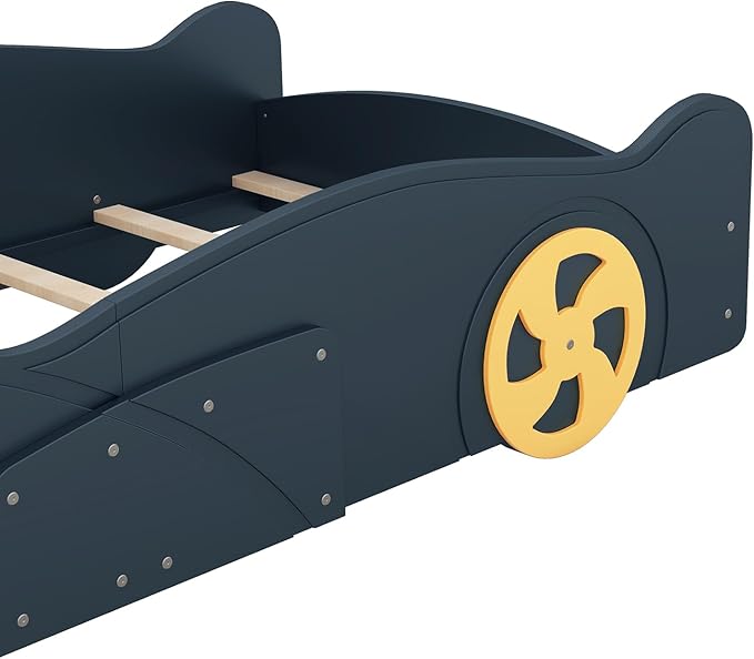 Twin Size Race Car-Shaped Platform Bed with Wheels and Storage,Kids Twin Bed Frame W/Guardrails,Race Car Bed for Boys Toddlers Kids,Child's Bedroom,Dark Blue+Yellow