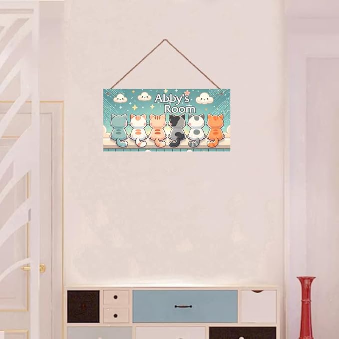 Personalized Sign Cute Cats Wooden Sign For Kids Room Boys Bedroom Door Decor,Custom Name Cat Wall Art Decor Decorative Plate for Nursery Little Man Cave