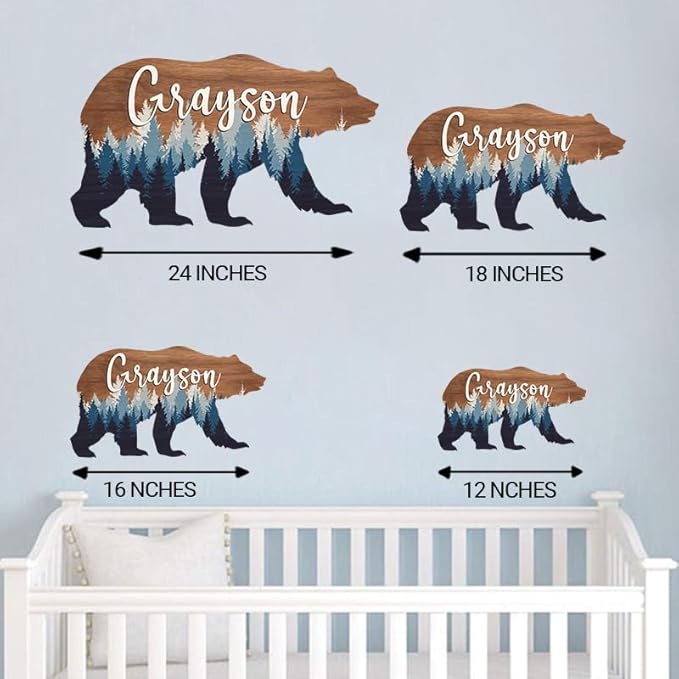 Personalized Baby name signs for nursery, for kids room Bear wooden nursery decor, Woodland animal decor, Baby boy forest themed gift/6