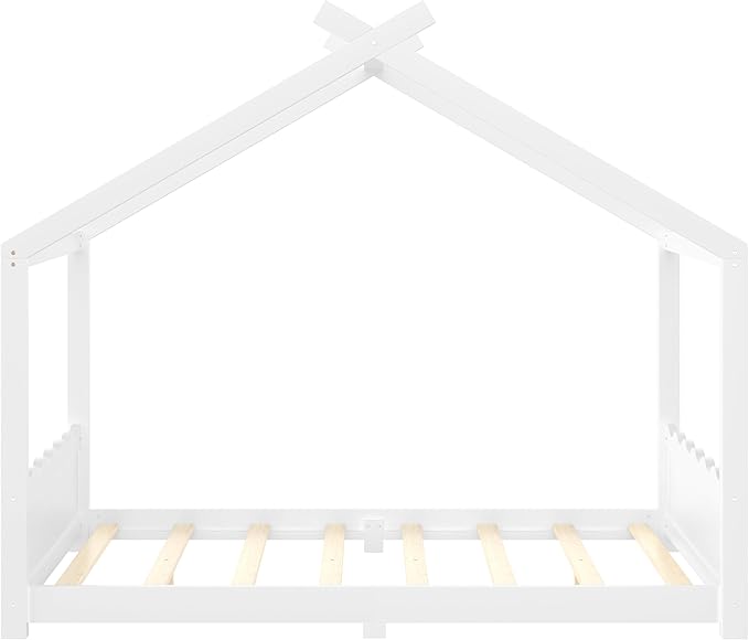 Full Size Wooden House Floor Bed - Kids Bed Frame with Roof & Support Slats for Bedroom, No Box Spring Needed, Easy Assembly (White)