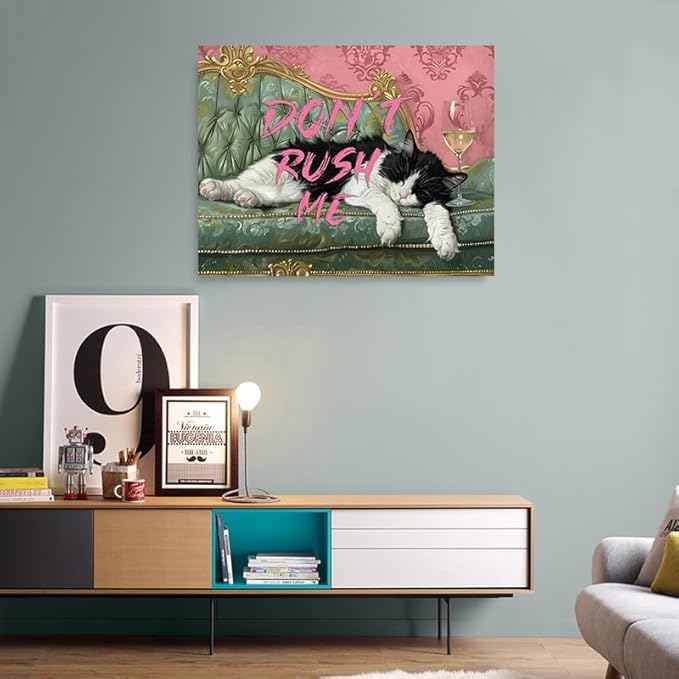 Vintage "Don't Rush Me" Cute Lazy Black and White Cat Picture Wall Decor Framed Retro Funny Animal Canvas Wall Art Prints Poster Painting for Living Room Bathroom Bedroom Home Kitchen (16"x12")