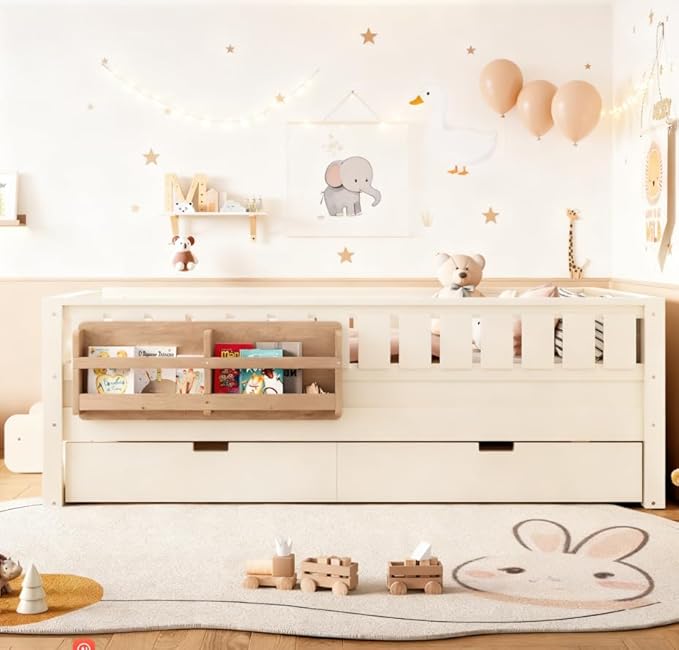 Bellemave Twin Size Kids Bed with high Rails and with Built-in Bookshelf and Trundle for Kids, Girls, Boys, Wood Montessori Bed Without Door, Beige