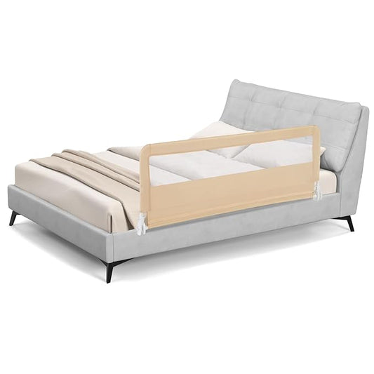 BABY JOY Bed Rails for Toddlers, 59'' Extra Long, Swing Down Bed Guard w/Safety Strap, Folding Baby Bedrail for Kids Twin, Double, Full Size Queen & King Mattress (59-Inch, Beige)