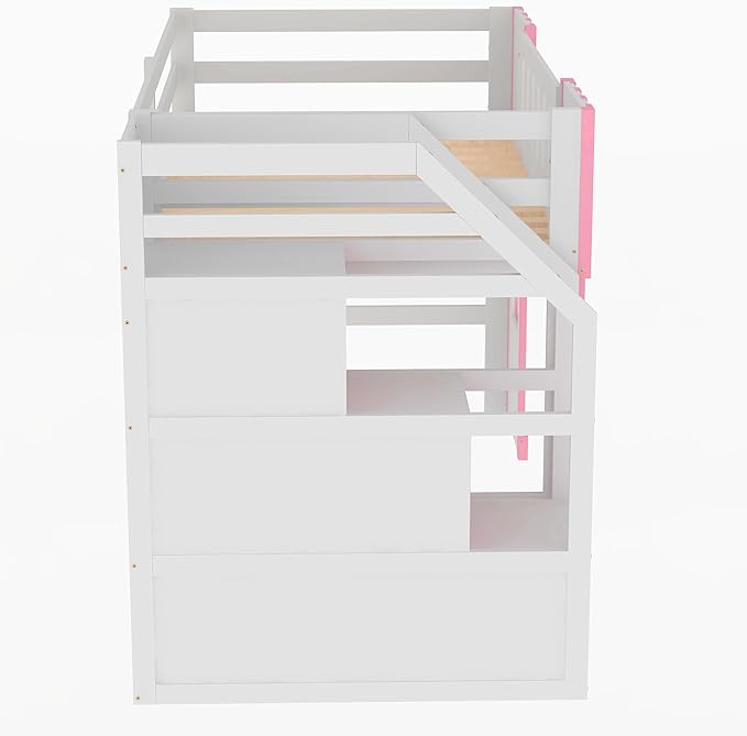 Playhouse Design Twin Size Loft Bed with Storage Staircase and Windows, Solid Wood Loft Bed Frame with Safety Guardrail for Kids Teens Boys Girls, Space-Saving (Pink-3)