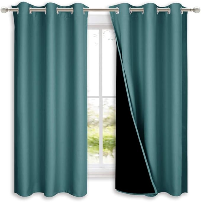 NICETOWN 100% Blackout Short Curtains with Black Liners, 2 Panels, 37" W by 50" L, Sea Teal, Solid Thermal Insulated Full Blackout 2-Layer Lined Drapes, Energy Efficiency Window Draperies for Bedroom