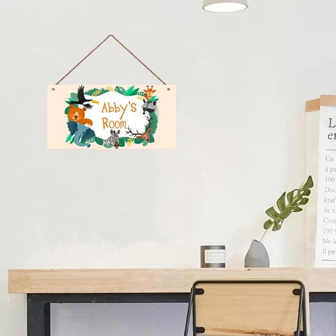 Personalized Cartoon Cute Animals Sign For Kids Room Zoo Lion Monkey Bear Fox Sign Custom Name Boys Room Decor Wall Art Toddler Nursery Wood Plaque For Girls Bedroom
