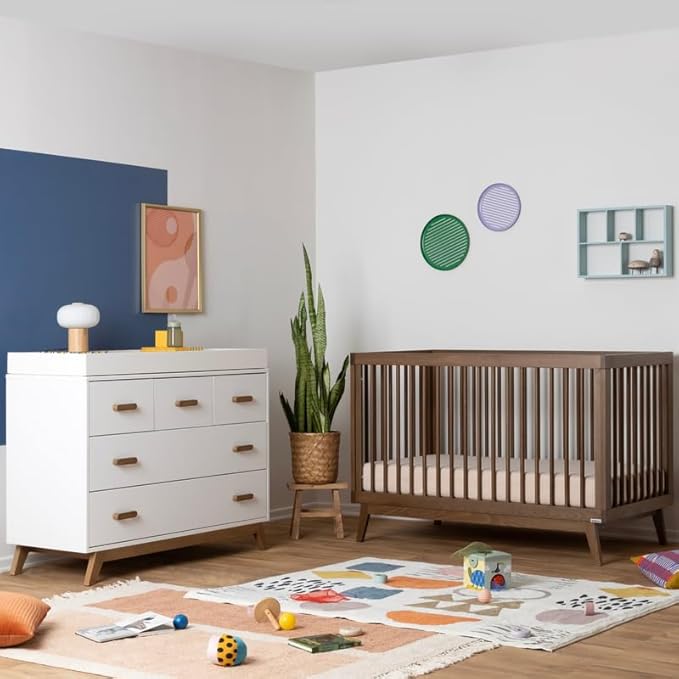 dadada Soho Baby Nursery Furniture Set. Baby Crib and Dresser Set Combo. Soho 3 in 1 Convertible Crib and Matching 5 Drawer Dresser. Walnut Beechwood