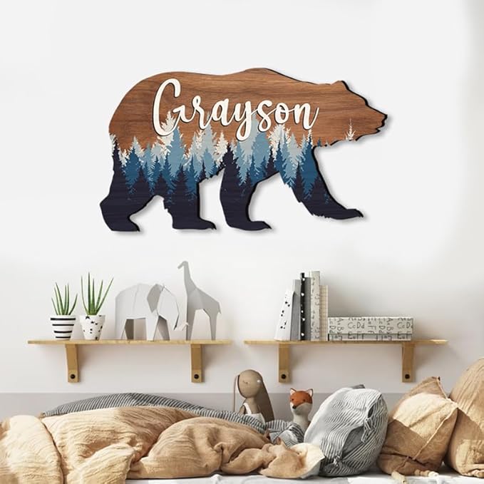 Personalized Baby name signs for nursery, for kids room Bear wooden nursery decor, Woodland animal decor, Baby boy forest themed gift/6