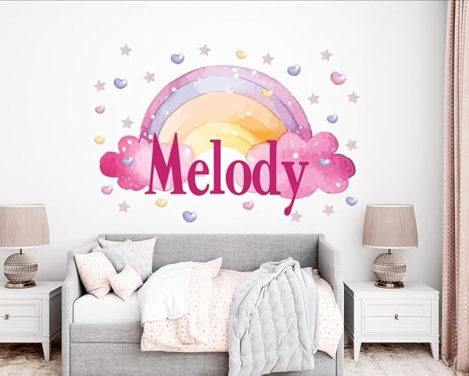 Rainbow Name Wall Decal for Kids Room – Personalized Name Wall Sticker for Nursery Bedroom Playroom – Custom Girl Room Decor with Rainbow Clouds Hearts and Stars – Baby Name Wall Art Vinyl Decal