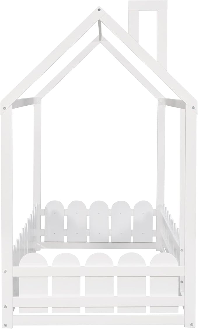 Merax Kids Wood House Bed with Fence, Fun Montessori Bed for Boys,Girls, Easy Assemble(Twin, White)