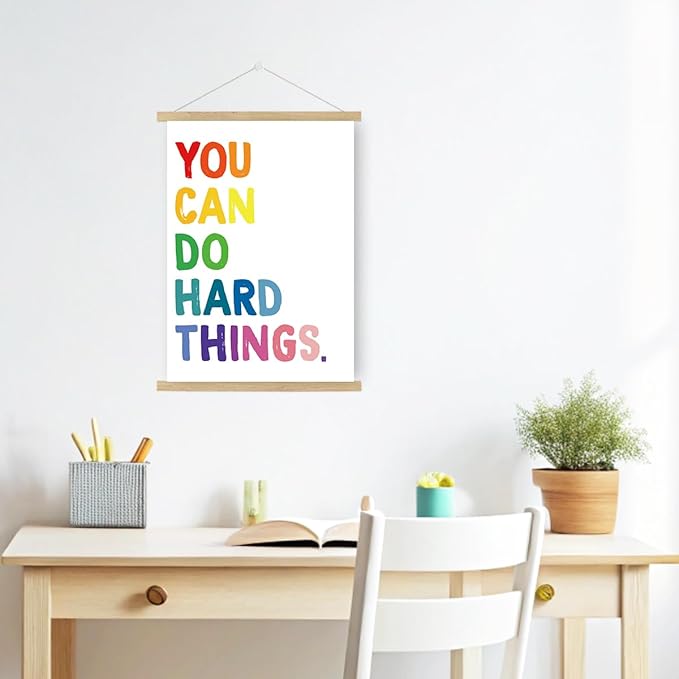 Qswo Positive Affirmations Wall Decor,You Can Do Hard Things Wall Art Poster Hanger Frame,Inspirational Hanging Canvas Wall Decor for Kids Room Nursery Classroom