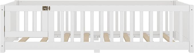 Harper & Bright Designs Twin Floor Bed Frame with Safety High Fence, Wood Montessori Bed with Door, Twin Size Floor Beds with Solid Wood Support Slats for Boys, Girls, Kids, White
