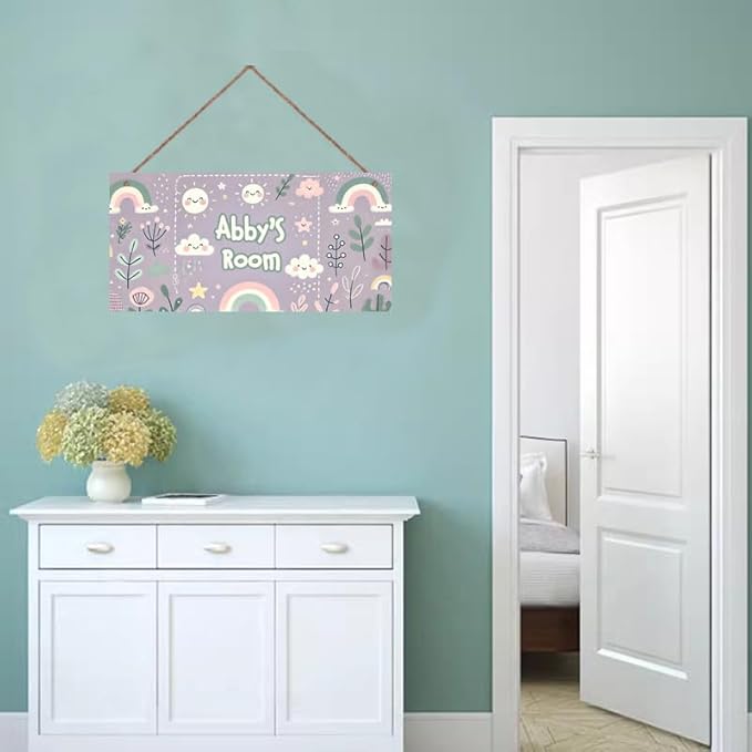 Personalized Name's Sweet Cloud Sky Room Door Sign Rainbow Decor For Nursery Kid's Children's Girls Bedroom Decor Wood Door Plaque Sign