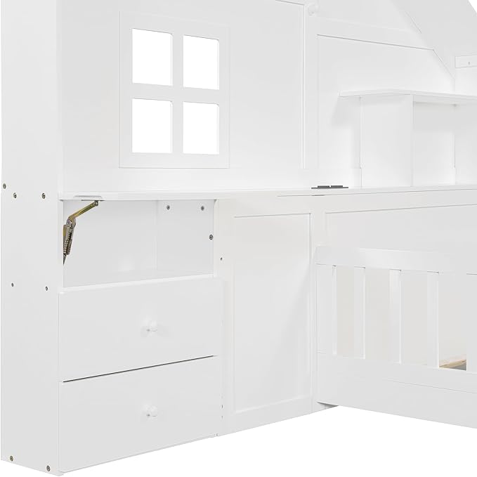 Twin Size Kids Floor Bed with Safety Fence, Solid Wood Montessori Platform Bed with House Shape Headboard with Bedside Drawers, Shelves, Sockets and USB Port for Kids Boys Girls (White-LT1)