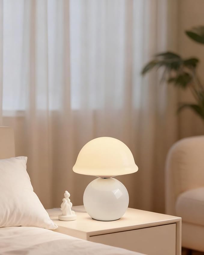 Mushroom Lamp for Bedroom, Cute Small Bedside Table Lamp with Glass Lampshade, Dimmable Nightstand Lamp Mid Century Modern Lamp for Home Living Room Decor (White)