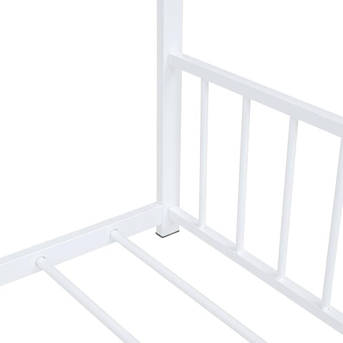 Full Size House Shaped Montessori Platform Beds, Wood Floor Bed Frame with Roof and Fence Deisgn, Kids Double Toddler Bed for Children Boys Girls, Easy Assemble, No Box Spring Needed, White