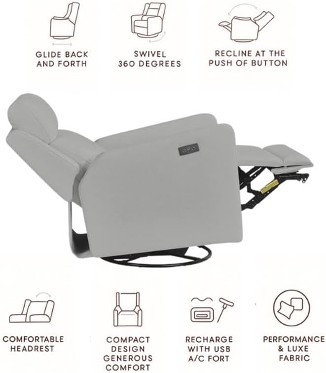 Pemberly Row Premium Fabric Glider Power Recliner Nursery Rocking Chair for Living Room, Kids Room, Rocker Swivel Recliner with USB Port in Gray