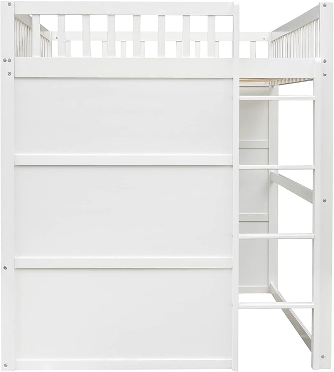 Full Size Loft Bed with Safety Guardrail for Kids Boys Girls, Playhouse Design Solid Wood Loft Bed Frame with Ladder and Windows, Strong Wood Slats Support, Space-Saving (White+Gray)