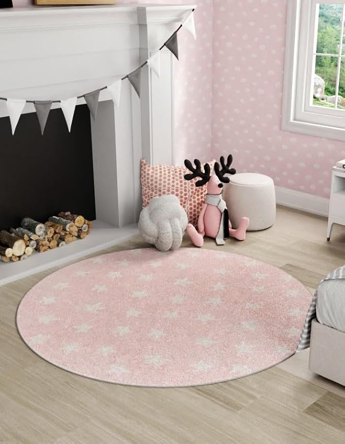 Unique Loom Whimsy Kids Collection Area Rug - Stars (7' 10" Round, Pink/ Ivory)