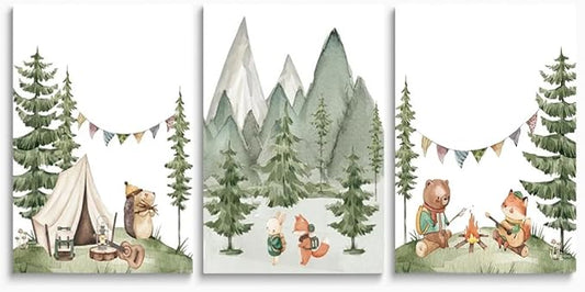 Camping Nursery Wall Art, Woodland Hiking Nursery Wall Decor, Bear Fox Animals Forest Mountain Wall Art, Nature Kid Print for Baby Boy Girl Bedroom, Children's Room Decor, Framed Canvas, 16"x24"x3