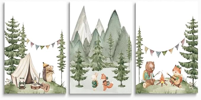 Camping Nursery Wall Art, Woodland Hiking Nursery Wall Decor, Bear Fox Animals Forest Mountain Wall Art, Nature Kid Print for Baby Boy Girl Bedroom, Children's Room Decor, Framed Canvas, 12"x16"x3