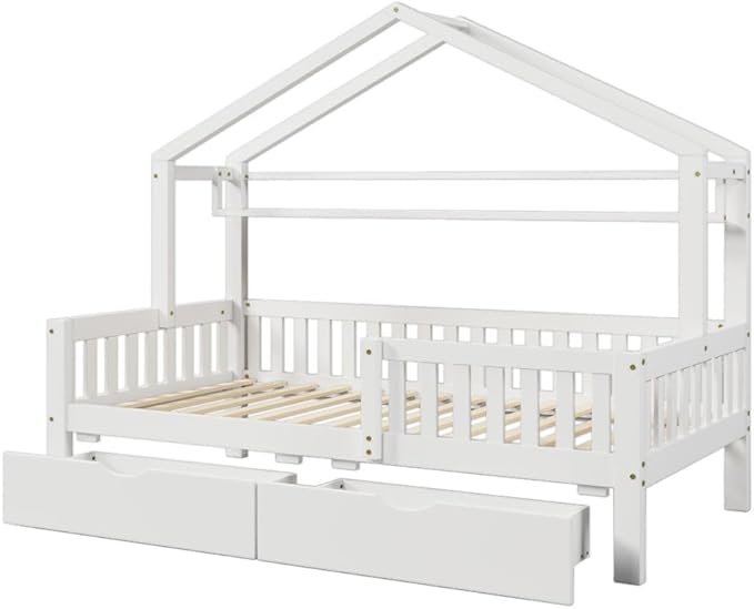 Aoowow Full Size House Bed with Storage Drawers and Shelf, Kids Twin Bed Frame Wooden Platform Bed with Guardrails and Slats for Boys Girls Teens for Bedroom(White)