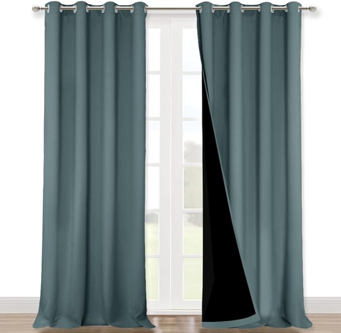 NICETOWN 100% Blackout Blinds, Set of 2, 46" x 102", Greyish Blue, Laundry Room Decor Window Treatment Curtains for Large Patio Sliding Door, Thermal Insulated Curtains for Bedroom