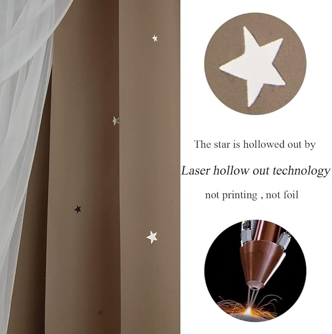 Kinryb Kids Blackout Curtains for Bedroom/Living Room/Classroom, Sheer Overlay Extra Long 2 Panel Set, Double Layer Curtains with Star Cutout for Kids Room(W 52 x L 108 Inches,Coffe 2 Pcs)