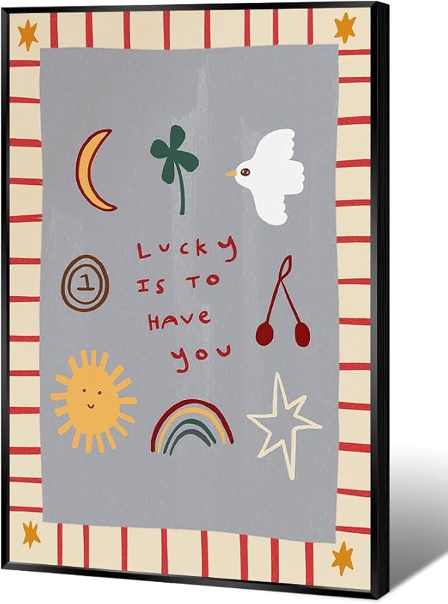 Colorful Cute Cartoon Posters Lucky Is To Have You Inspirational Wall Art Boho Nursery Positive Affirmations Canvas Minimalist Print Decor Picture for Kids Bedroom Playroom 12x16inch Metal Black Frame