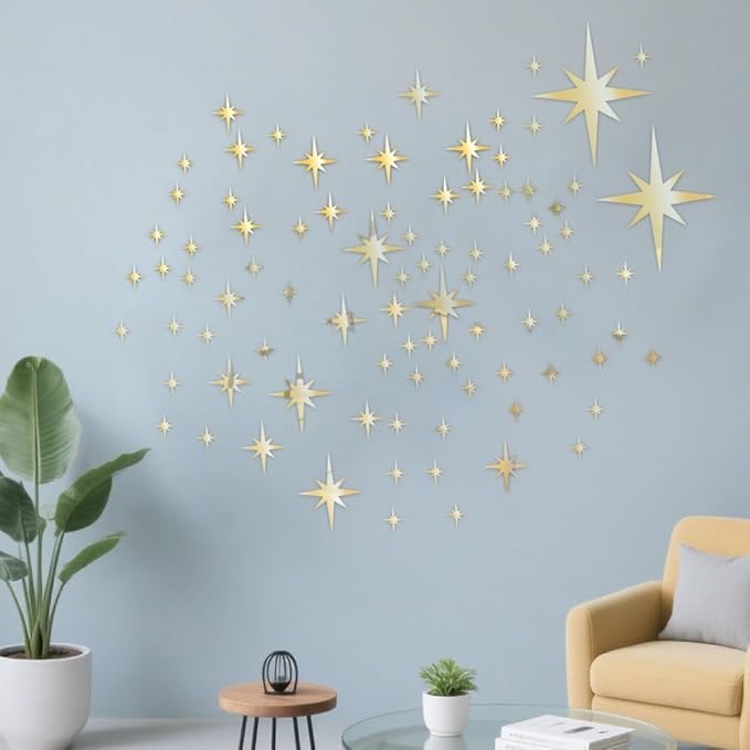 71 Pcs Gold Star Stickers, 3D Acrylic DIY Star Mirror Wall Stickers Decor, Removable Decals Art Self-Adhesive for Home Nursery Classroom Bedroom Interior Wallpaper Background Art Decor
