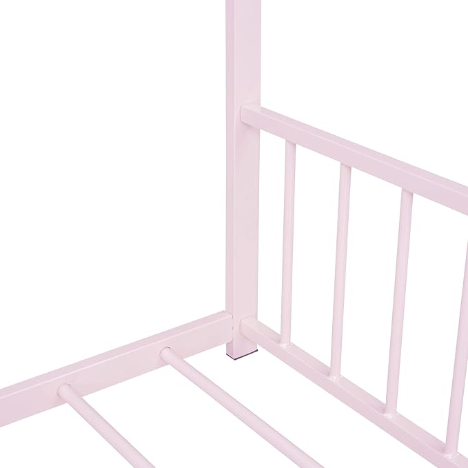 Full Size House Shaped Montessori Platform Beds, Wood Floor Bed Frame with Roof and Fence Deisgn, Kids Double Toddler Bed for Children Boys Girls, Easy Assemble, No Box Spring Needed, Pink