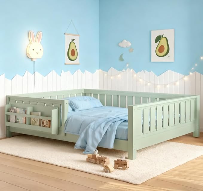 Bellemave Full Size Floor Bed with high Rails and with Built-in Bookshelf for Kids, Girls, Boys, Wood Montessori Floor Bed Without Door, Avocado Green