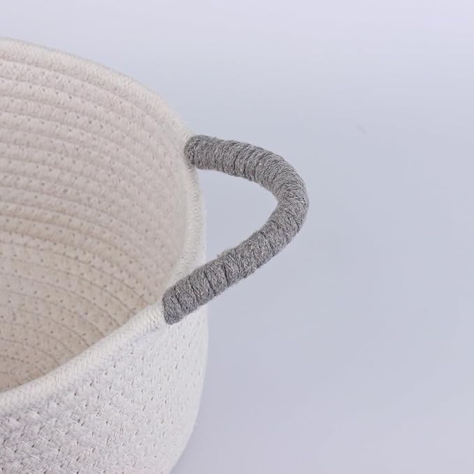 Yimi's Dream Basket for Gifting, Small Baskets for Shelves, White Cotton Rope Basket with Grey Handle for Decor, Baby Cat Dog Toy(Oval, 12"x 8"x 5")
