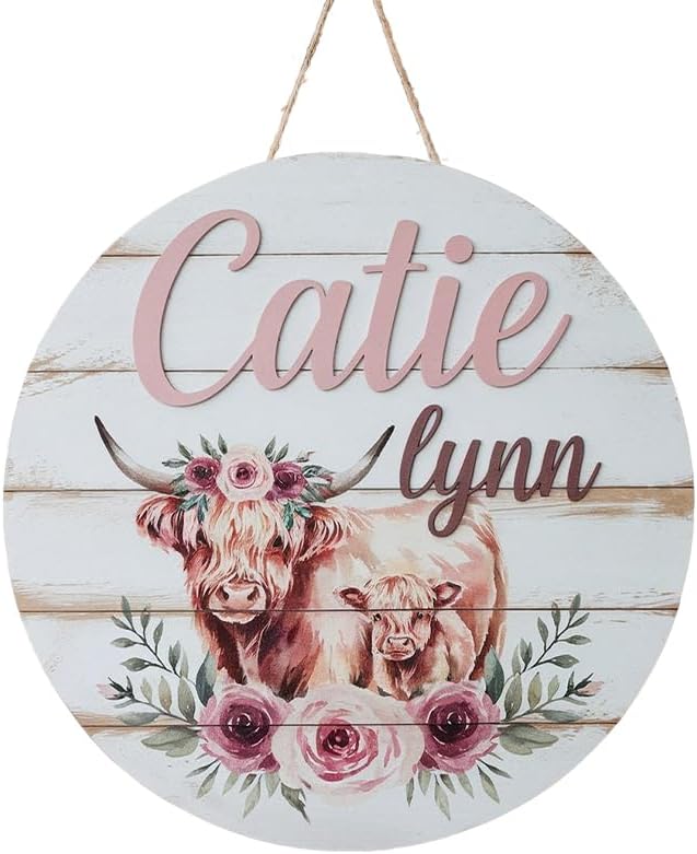 Personalized Baby Name Signs for Nursery, Highland Cow Sign for Baby Door Decor, Newborn Gifts for Girl, Girls Nursery Wall Bedroom Decorations, Mother's Day Gifts for New Mom Dad Gift