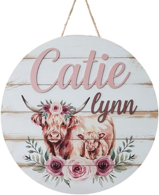 Personalized Baby Name Signs for Nursery, Highland Cow Sign for Baby Door Decor, Newborn Gifts for Girl, Girls Nursery Wall Bedroom Decorations, Mother's Day Gifts for New Mom Dad Gift