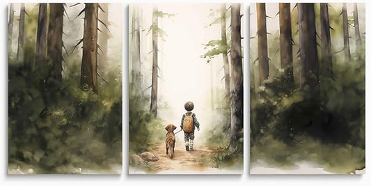 Boy and Dog Nursery Wall Art, Set of 3 Rustic Woodland Nursery Wall Decor, Little Boy and Puppy in the Forest Adventure Kid Wall Art Print, Outdoor Landscape Toddler Room Decor for Boys, Framed 12"x16"x3